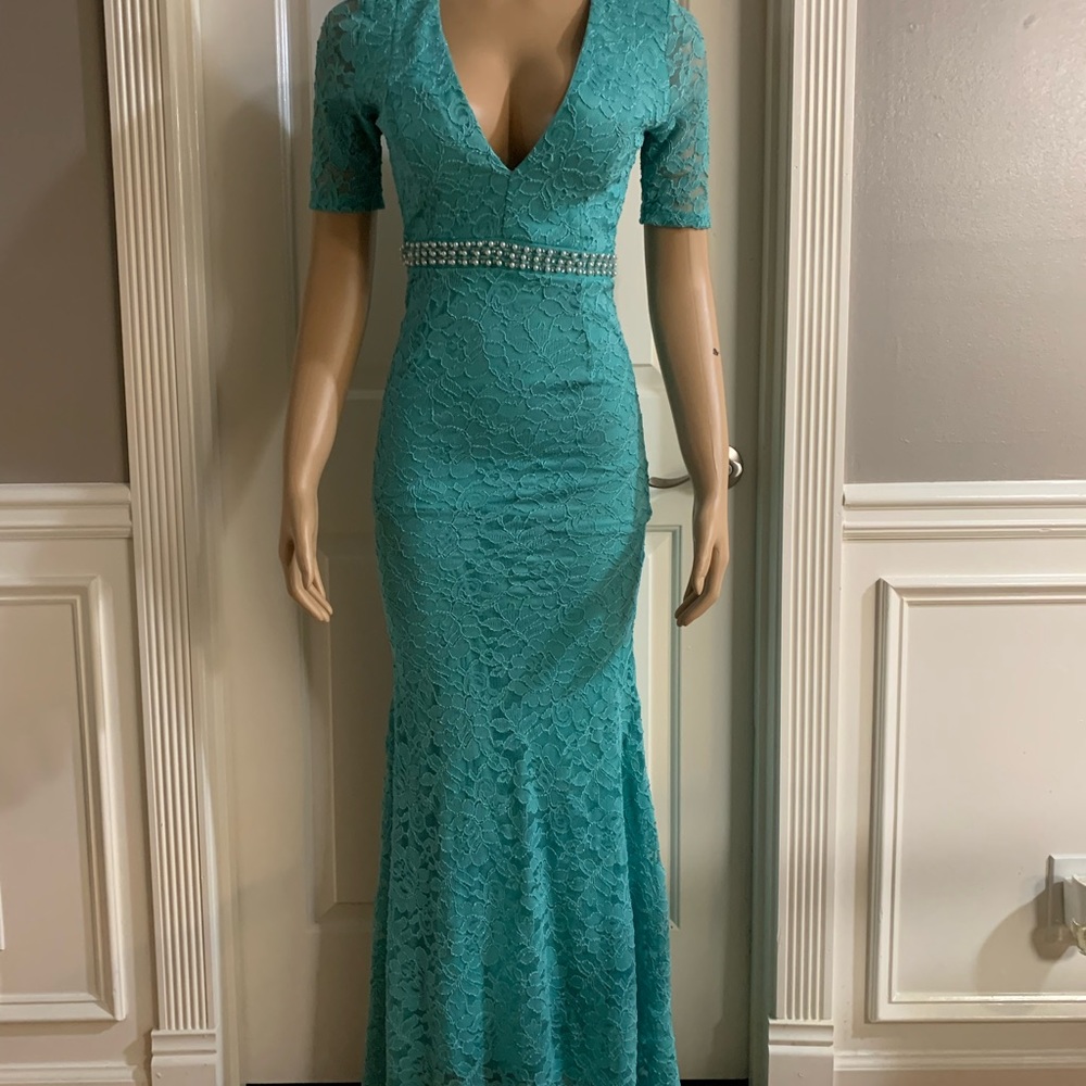 Women junior blue green lace bodycon mermaid maxi dress size (S) zipper back - Picture 5 of 14